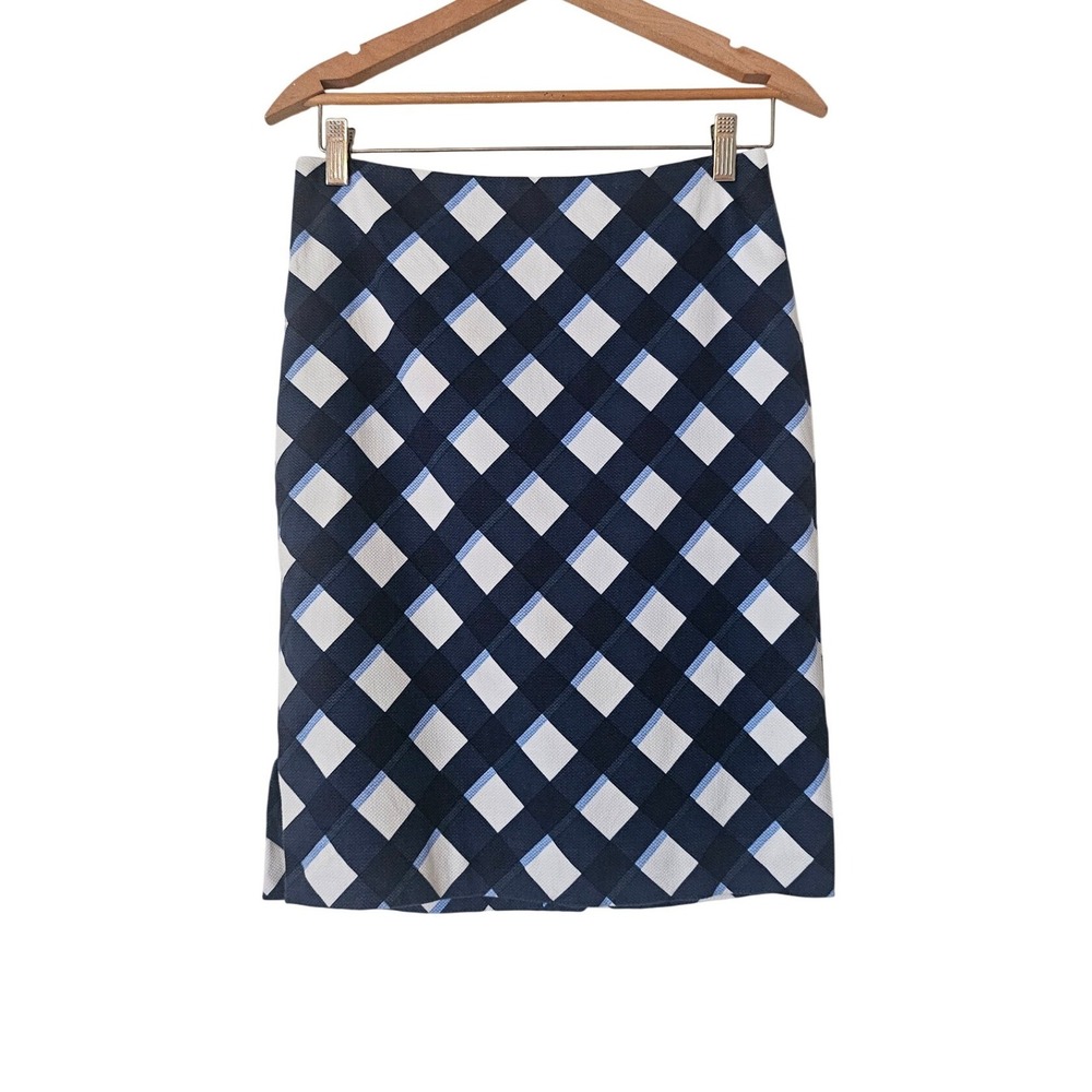 Ann Taylor Petite Navy White Gingham Plaid Pencil Skirt 4P Cotton Pique 440034